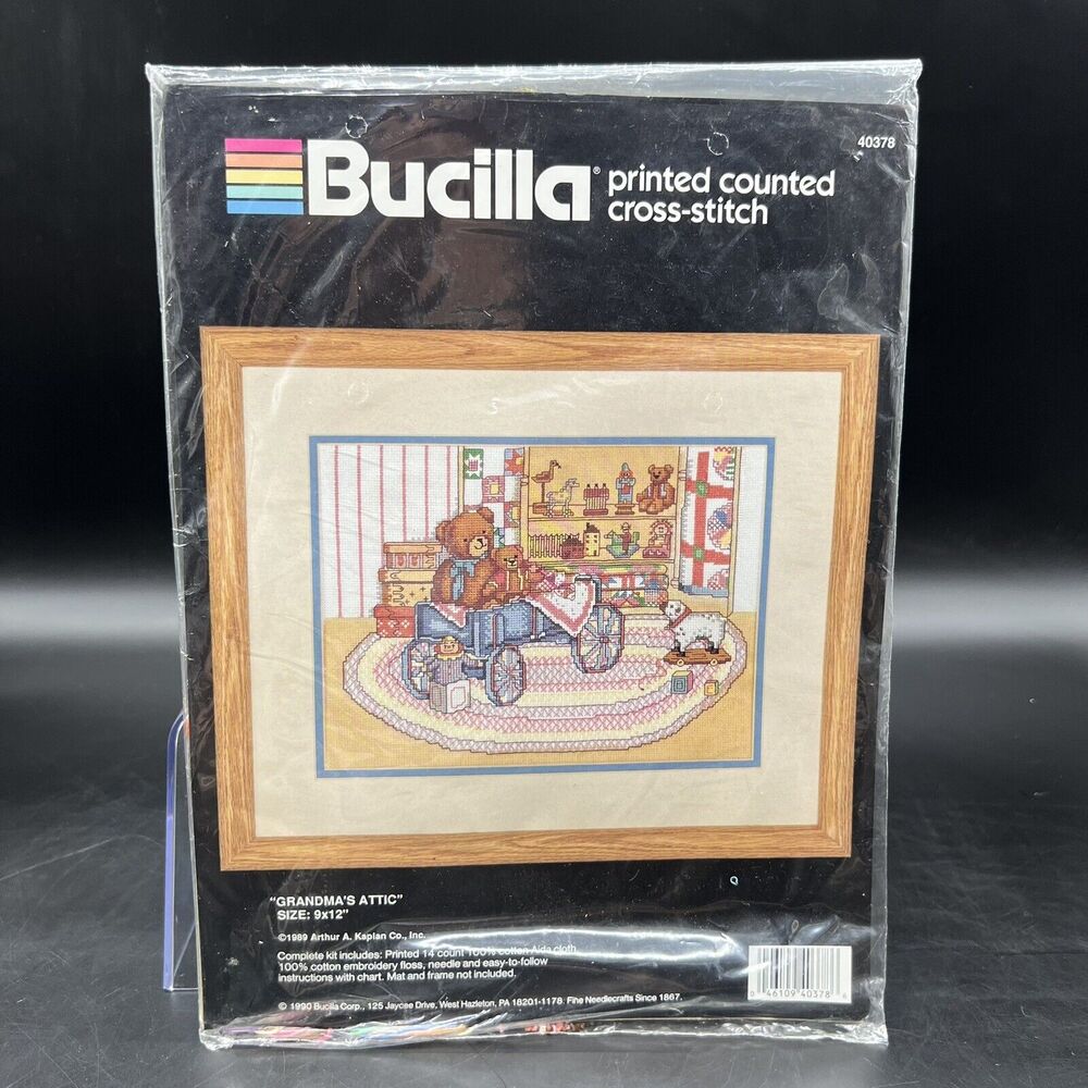 Vtg Bucilla Grandmas Attic Counted Cross Stitch Kit 40378 Teddy Bear 1990 NEW